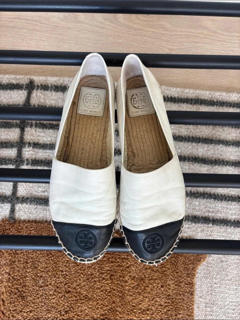 Tory Burch Two-Tone White and Black Leather Espadrille Flats